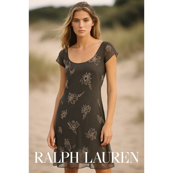 Vintage Ralph Lauren Silk Floral Midi Dress 2 Flowy Cap Sleeve Slip 90s Navy - Picture 5 of 8